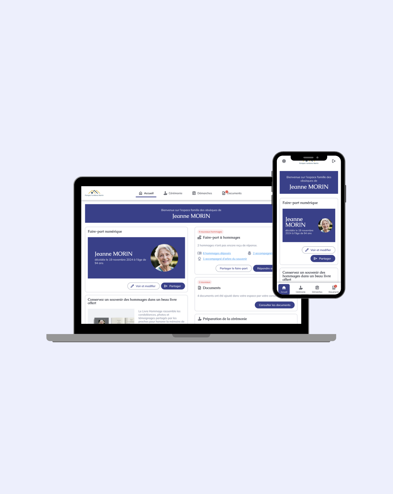 Interface de l'espace famille